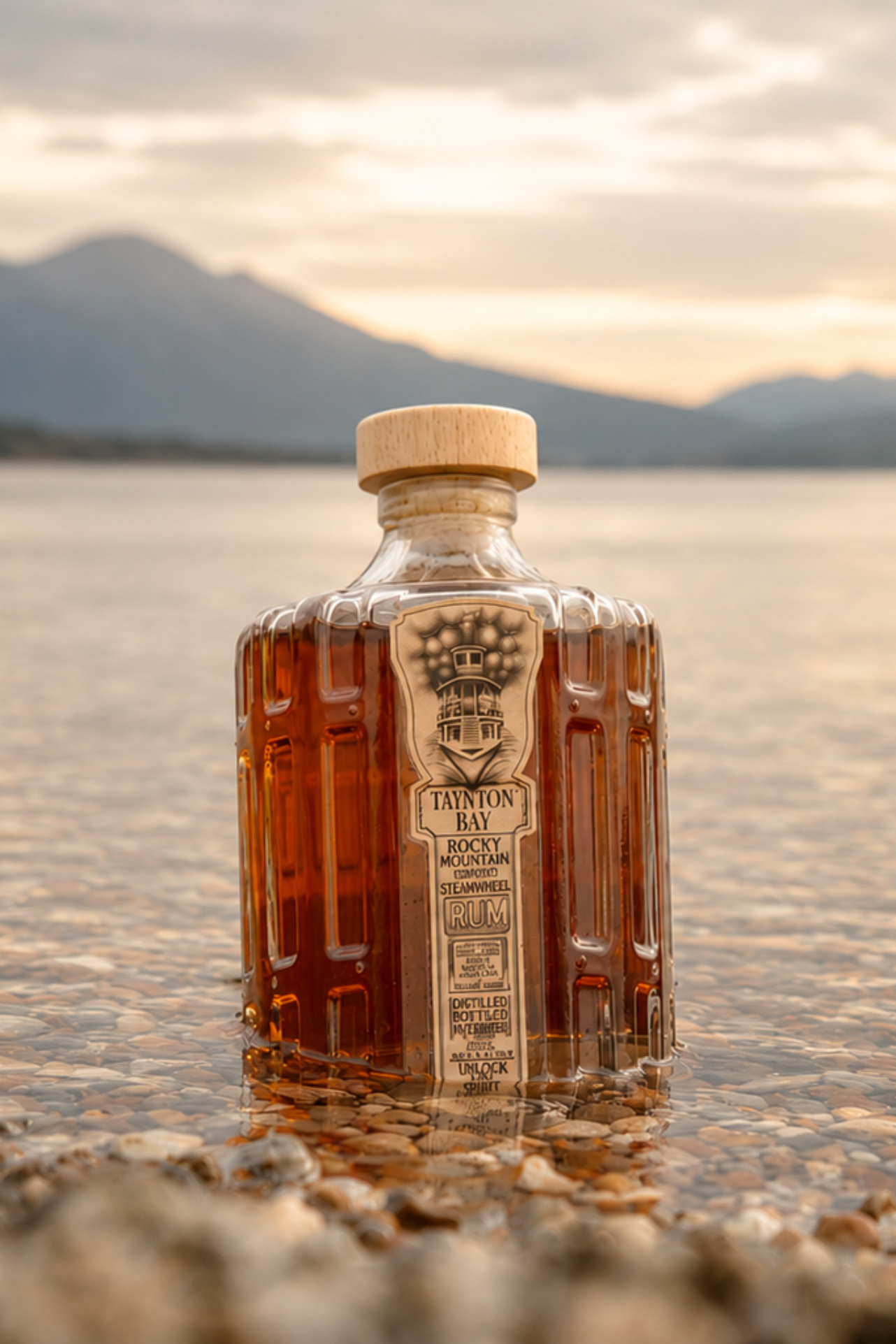 Bottle of Tanton Bay steamwheel rum on a beach with mountains in the background