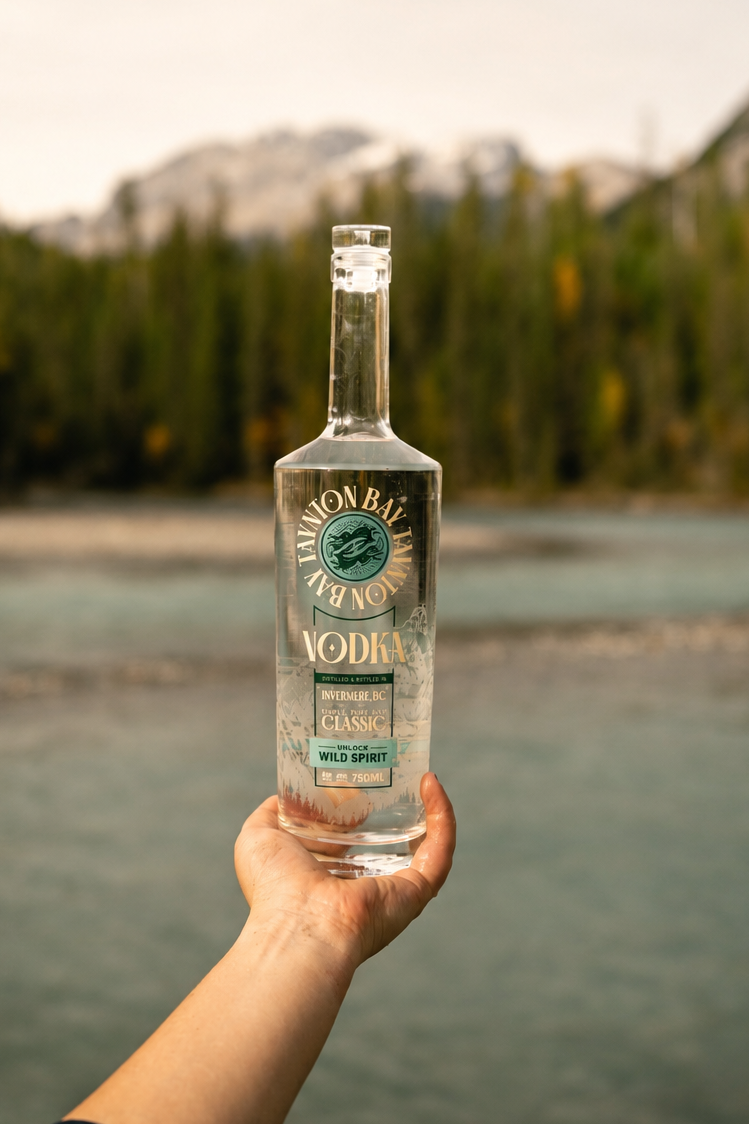 Hand holding a bottle of vodka against a scenic background with water and trees.