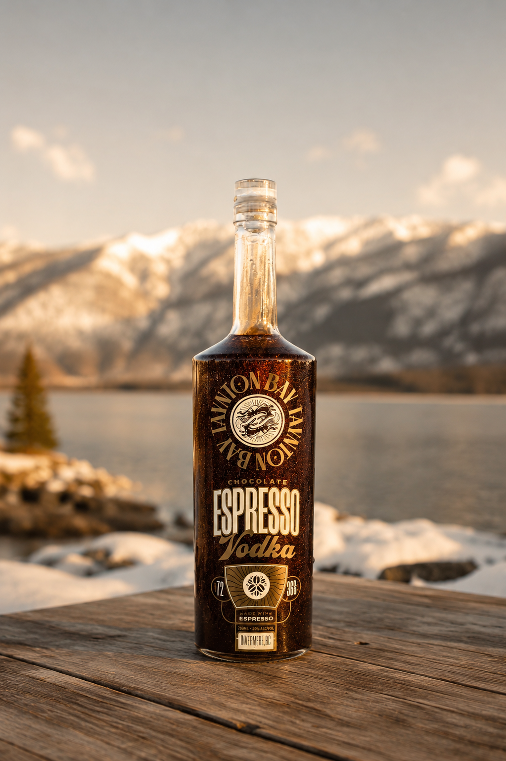 Bottle of Espresso Vodka on a wooden surface with a scenic background of mountains and water.